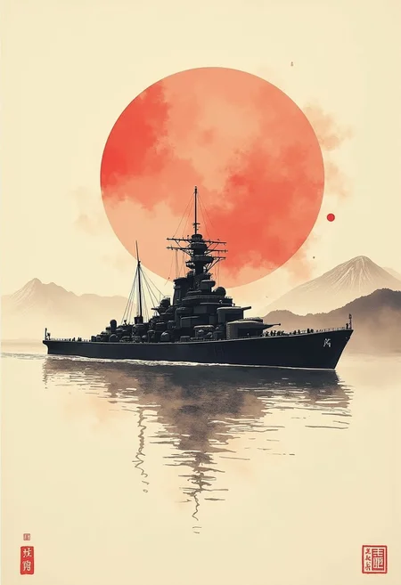 traditional japanese art style, ink on paper, WW2 battleship IJN Akagi, wabi-sabi, henna and carmine, sepia, minimal brush strokes