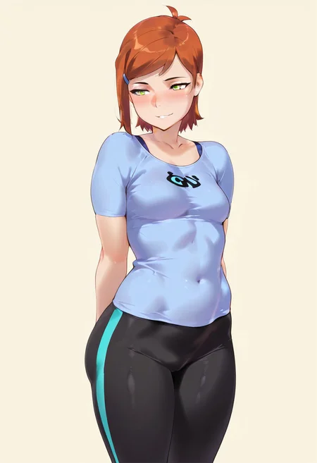 Un0 M4k0t0,
Gwen Tennyson (Ben 10)
1girls, small breasts, solo, green eyes, standing, blush, simple background, arrogant smile, blue top, yoga pants,