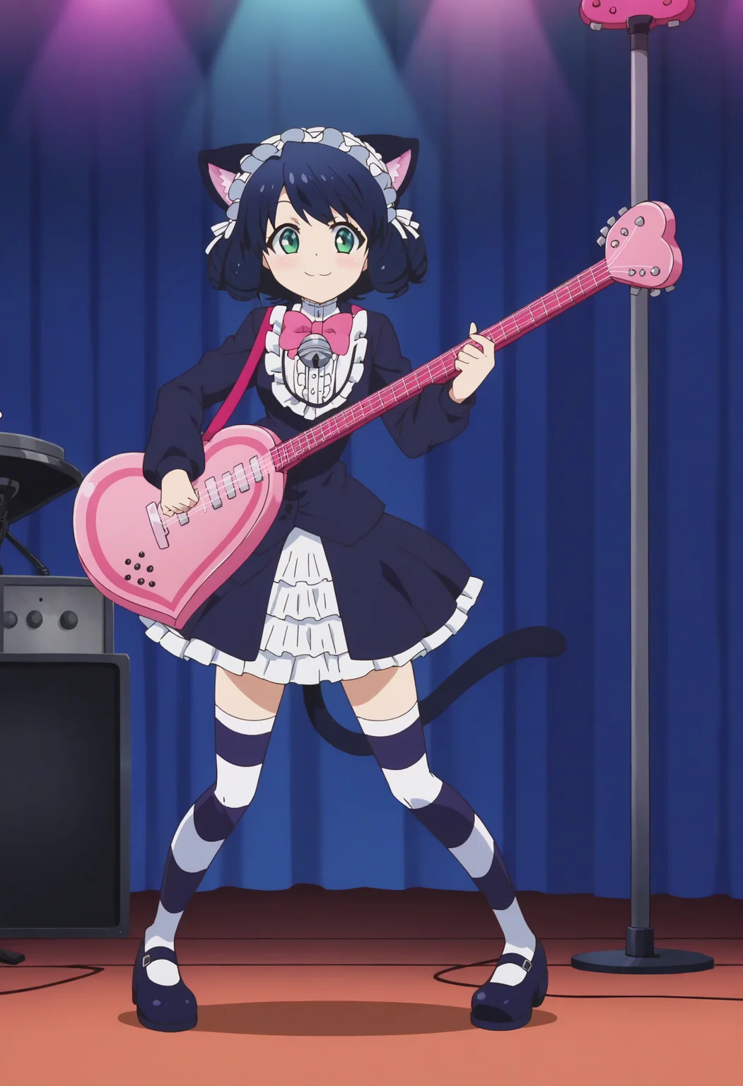 score_9, score_8_up, score_7_up, score_6_up, score_5_up, score_4_up , anime coloring ,BREAK source_anime, anime,screencap,
1girl, solo,cyanh, base_outfit, pink bowtie, dress, white trim skirt, headdress, cat ears, cat tail, chest bell, striped thighhighs, mary janes, <lora:PonyXL Cyan Hijirikawa V5:1>
indoors,full body, concert, on stage, pink guitar, guitar strap, playing guitar,
smile, looking at viewer,
