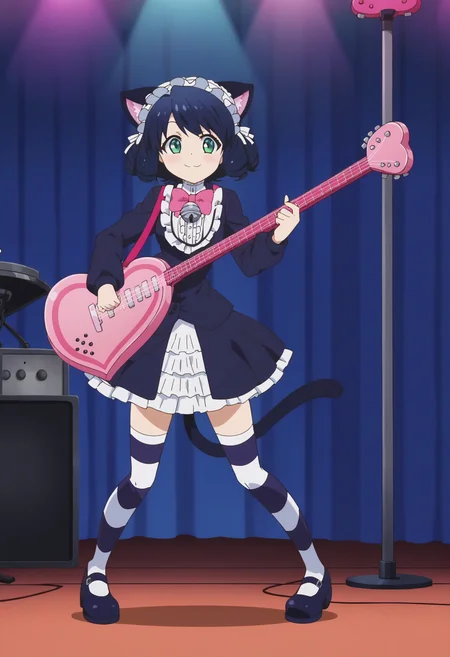 score_9, score_8_up, score_7_up, score_6_up, score_5_up, score_4_up , anime coloring ,BREAK source_anime, anime,screencap,
1girl, solo,cyanh, base_outfit, pink bowtie, dress, white trim skirt, headdress, cat ears, cat tail, chest bell, striped thighhighs, mary janes, <lora:PonyXL Cyan Hijirikawa V5:1>
indoors,full body, concert, on stage, pink guitar, guitar strap, playing guitar,
smile, looking at viewer,