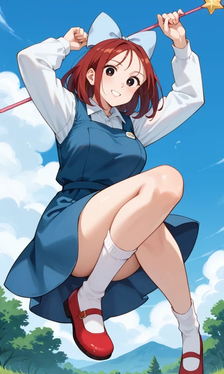 (1girl:1.5), (solo:1.3), (score_9, score_8_up, score_7_up, score_6_up, score_5_up, score_4_up), (source_anime), rating_questionable, looking at viewer, (cowboy shot:1.3), outdoors, blue sky, cloudy sky, looking at viewer,
(shiwasu-mari), (black eyes, red hair, medium hair, parted bangs, parody hair), (large breasts), <lora:magical-mari-early_v1:0.9> (light blue big hair bow, royal blue pinafore dress, white collared shirt, long sleeves, white bobby socks, red footwear, mary janes), (holding wand), wide-eyed, smile, fighting stance, legs apart, arms up, broom riding,