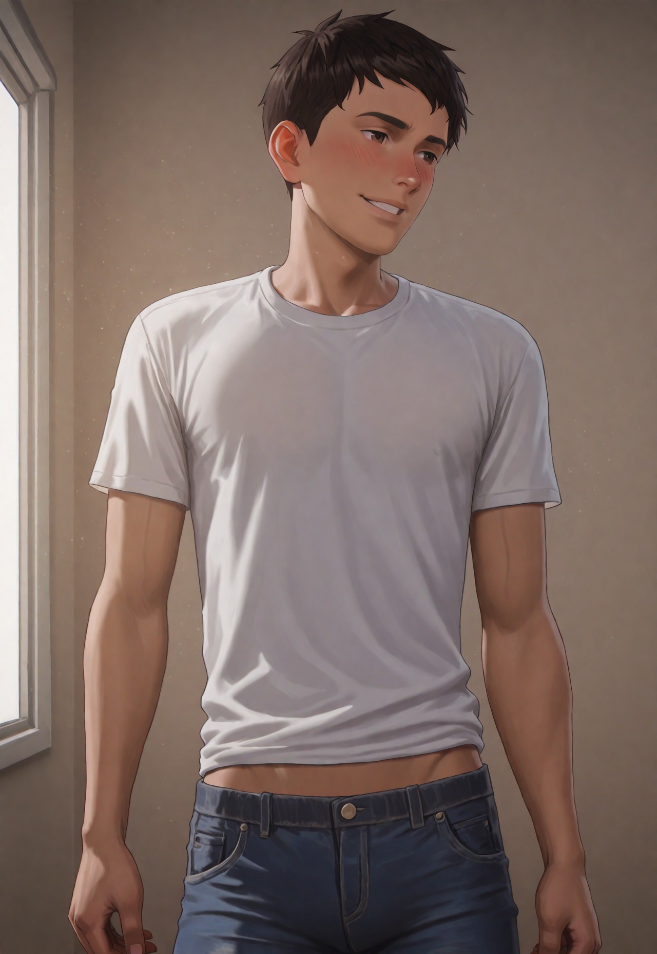 score_9, score_8_up, score_7_up, Masterpiece, Best Quality, beautiful eyes, detailed eyes, male focus, dynamic angle, dim lighting, blush lines, male focus, solo, face focus, front view, seductive smile, teeth, cowboy shot, standing,

((male)), ((mature)), ((adult)), handsome, sexy, ((skinny)), ((slim)), ((slender)), ((twink)), white shirt, tight blue jeans,

Sean D1az, short hair, dark brown hair, brown eyes, tan skin