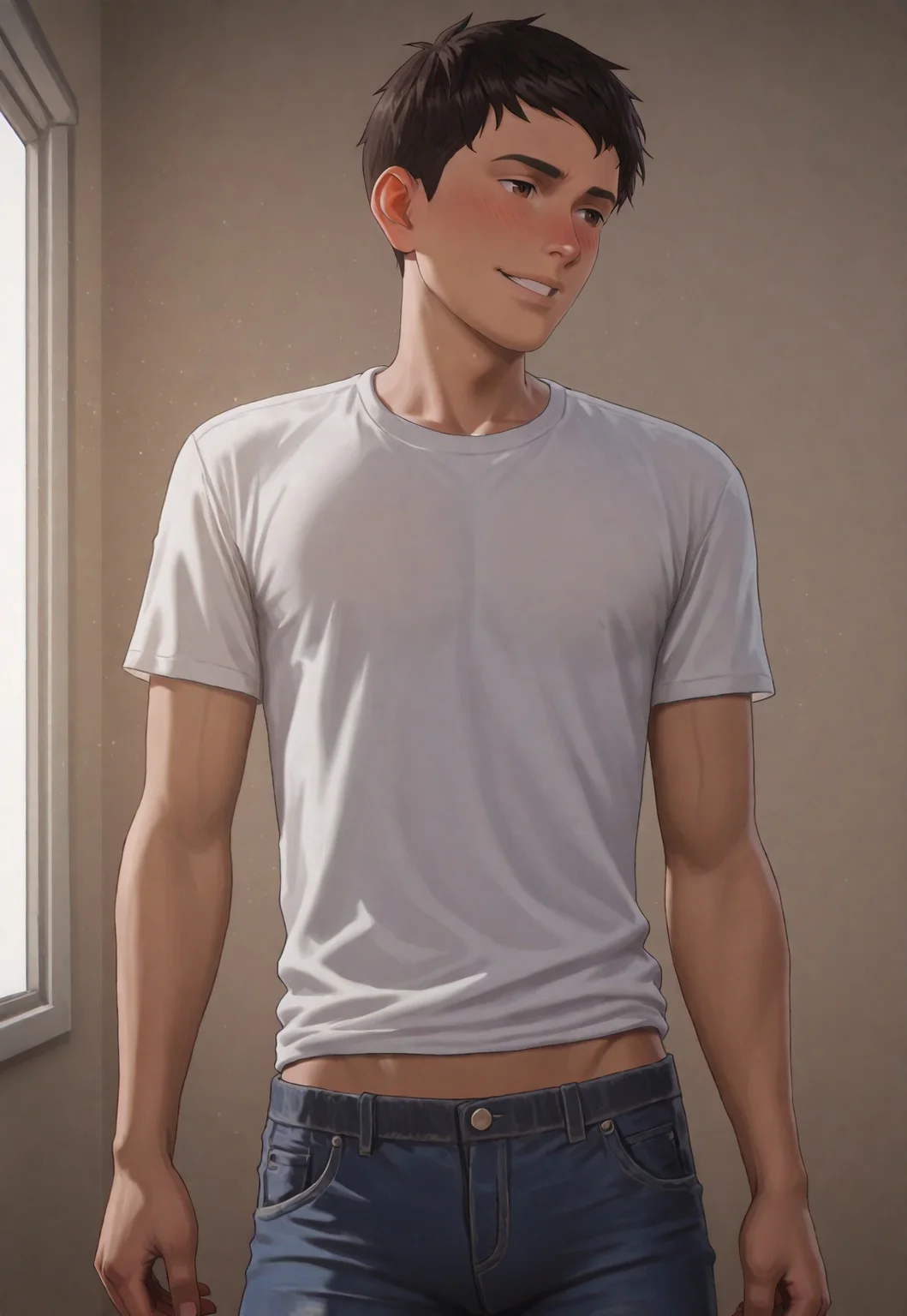 score_9, score_8_up, score_7_up, Masterpiece, Best Quality, beautiful eyes, detailed eyes, male focus, dynamic angle, dim lighting, blush lines, male focus, solo, face focus, front view, seductive smile, teeth, cowboy shot, standing,
((male)), ((mature)), ((adult)), handsome, sexy, ((skinny)), ((slim)), ((slender)), ((twink)), white shirt, tight blue jeans,
Sean D1az, short hair, dark brown hair, brown eyes, tan skin