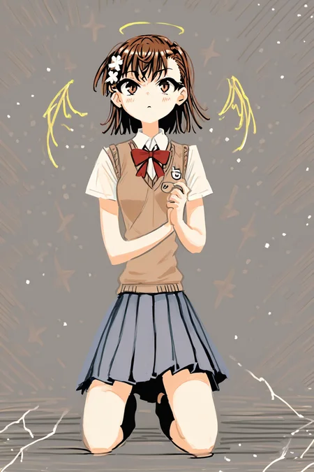score_9, score_8_up, score_7_up, toaru majutsu no index, toaru kagaku no railgun, misaka mikoto, brown eyes, brown hair, brown sweater vest, electricity, emblem, flower, grey skirt, hair flower, hair ornament, medium hair, pleated skirt, railgun \(misaka mikoto\), school emblem, school uniform, shorts, shorts under skirt, skirt, summer uniform, sweater vest, tokiwadai school uniform, solo, solo focus, cowboy shot, wide shot,high contrast,detailed background,grey background,limited palette,yellow theme, Kneeling on one knee, looking up, <lora:andaerz:1.3>