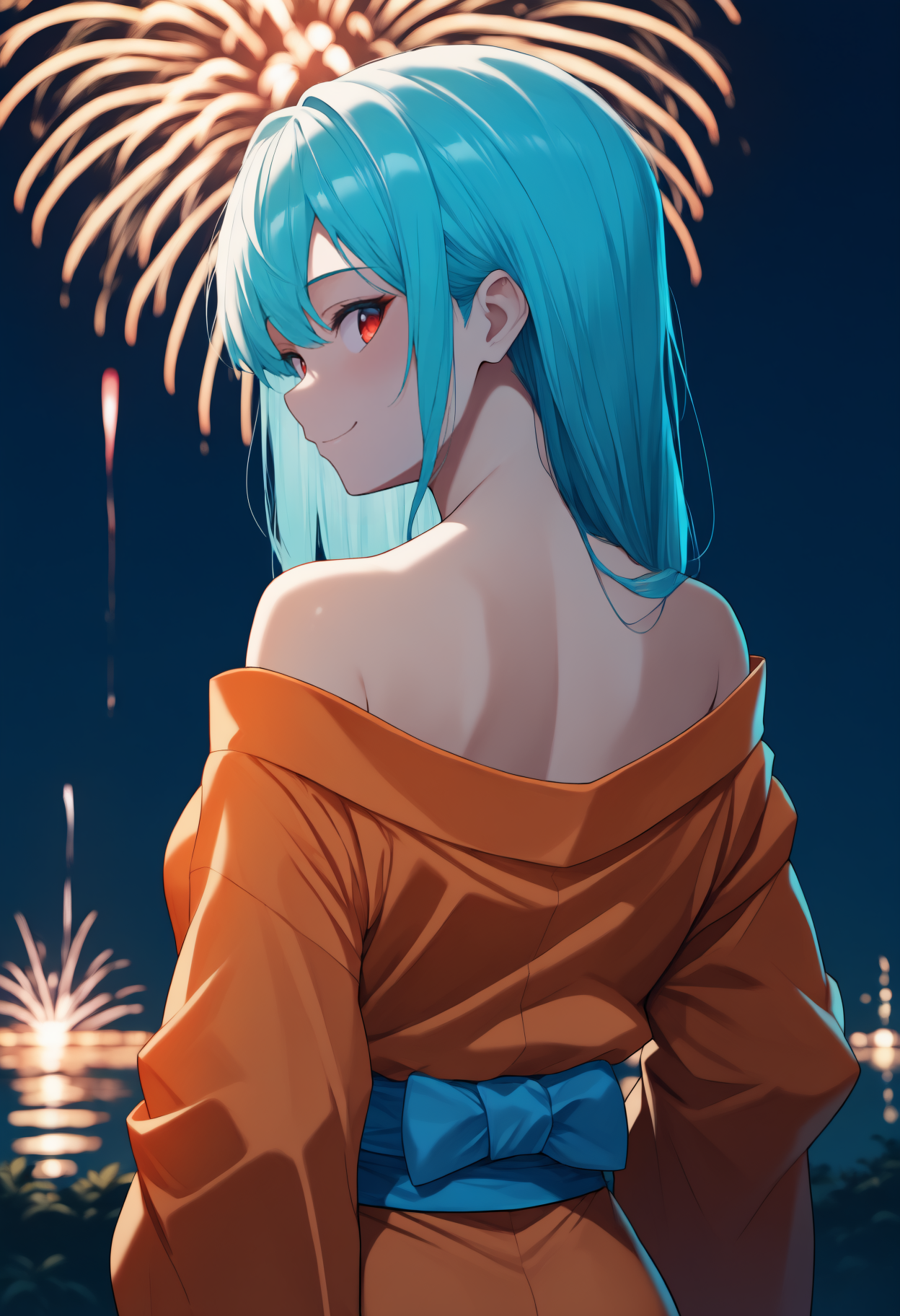 masterpiece, best quality, newest, anime, from behind, solo, 1girl, smile, looking back, long hair, aqua hair, red eyes, japanese clothes, orange kimono, off shoulder, kimono pull, blue sash, bare shoulders, outdoors, night, fireworks
<segment:yolo-Anzhc Face seg 640 v3 y11n.pt,0.4,1//cid=11>