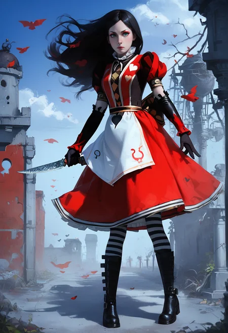 1girl, AMRRD, solo, front shot, standing straight, red dress, black hair, long hair, black spade symbol, striped pantyhose, belt boots, green eyes, makeup, apron, elbow gloves, horseshoe pendant, holding knife, vorpal blade, cloudy dark sky, (frown, worry:0.8), dark fantasy,( tempest:1.1), Victorian age park, abandoned park, looking at viewer, wind, <lora:Anime Summer Night Style SDXL_LoRA_Pony Diffusion V6 XL:0.8>, <lora:QueenOfHeartsSPonyV5:1>, score_9, score_8_up, score_7_up,