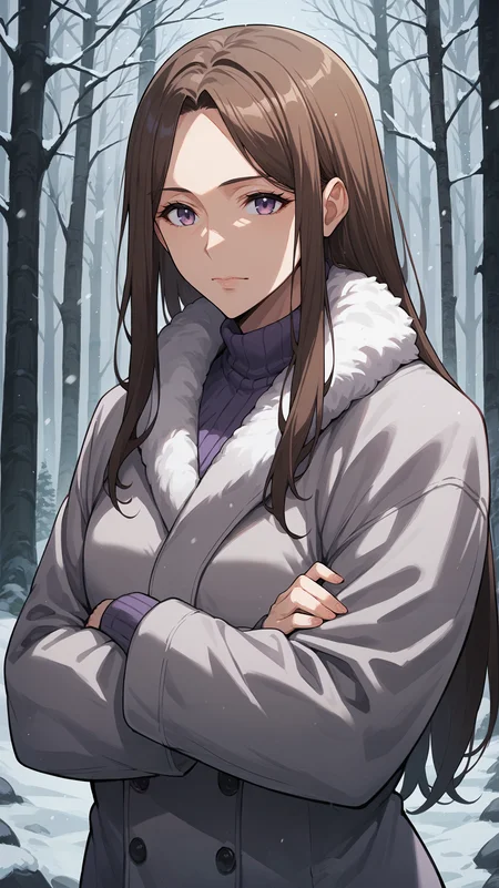 score_9,score_8_up,score_7_up,score_6_up, source_anime, woman, arms crossed, dynamic pose, <lora:Kyung-Hye Park - Pony-000004:0.8>, older, aged up, long hair, brown hair, purple eyes, winter coat, fur collar, winter, snowing, winter forest,