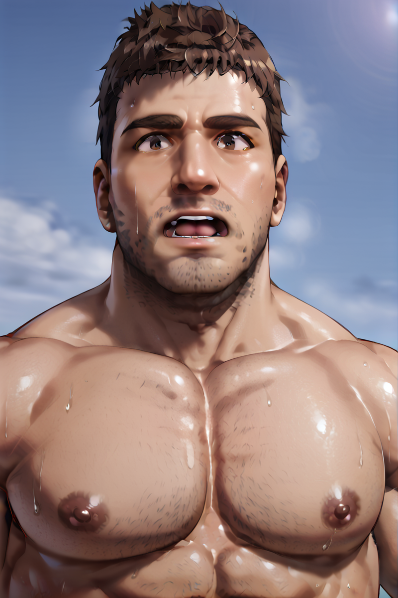 low angle, portrait, bust, mouth open surprised, male focus, bara, (large pectorals), muscular, shirtless, sweaty, nipples, brown eyes, short hair, brown hair, stubble, <lora:Kelvin_Sons_of_the_forest:0.85>  <lora:PerfectEyesXL:1>  <lora:dizdoodz:0.8>