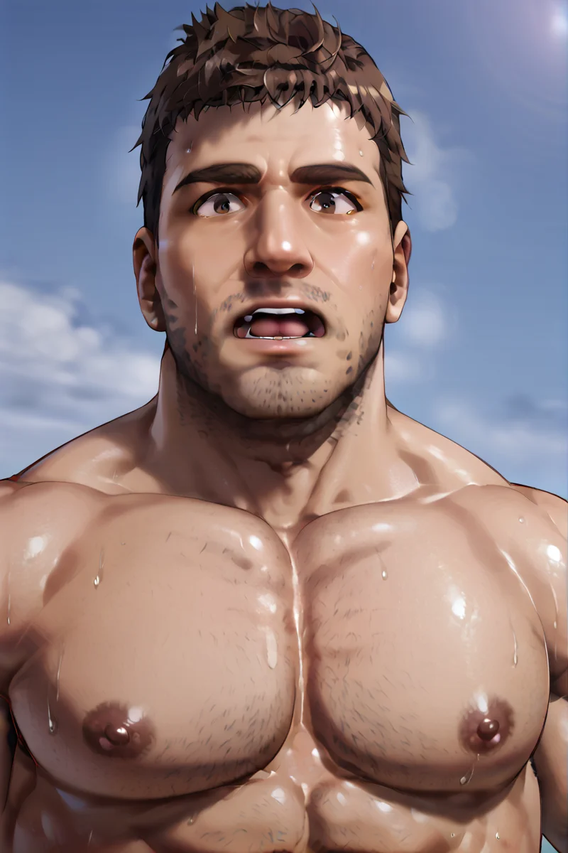 low angle, portrait, bust, mouth open surprised, male focus, bara, (large pectorals), muscular, shirtless, sweaty, nipples, brown eyes, short hair, brown hair, stubble, <lora:Kelvin_Sons_of_the_forest:0.85> <lora:PerfectEyesXL:1> <lora:dizdoodz:0.8>