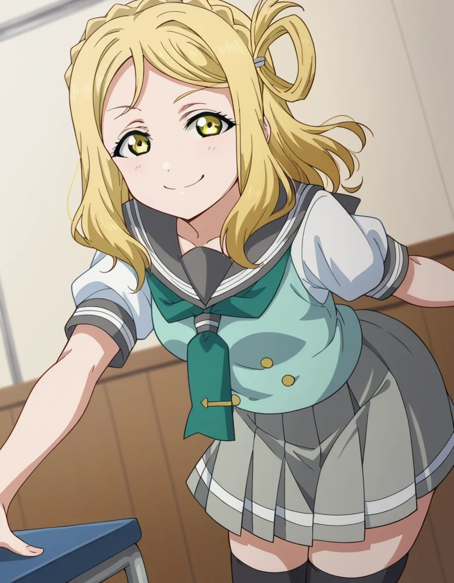 score_9, score_8_up, score_7_up, source_anime, <lora:mari-ohara-s2-ponyxl-lora-nochekaiser:1>, mari ohara, long hair, bangs, blonde hair, hair ornament, yellow eyes, braid, medium hair, hair rings, crown braid,, skirt, school uniform, short sleeves, pleated skirt, serafuku, socks, neckerchief, kneehighs, black socks, green neckerchief, grey skirt, uranohoshi school uniform,, indoors, bent over, smile, smug, looking at viewer, solo,, cowboy shot, dutch angle