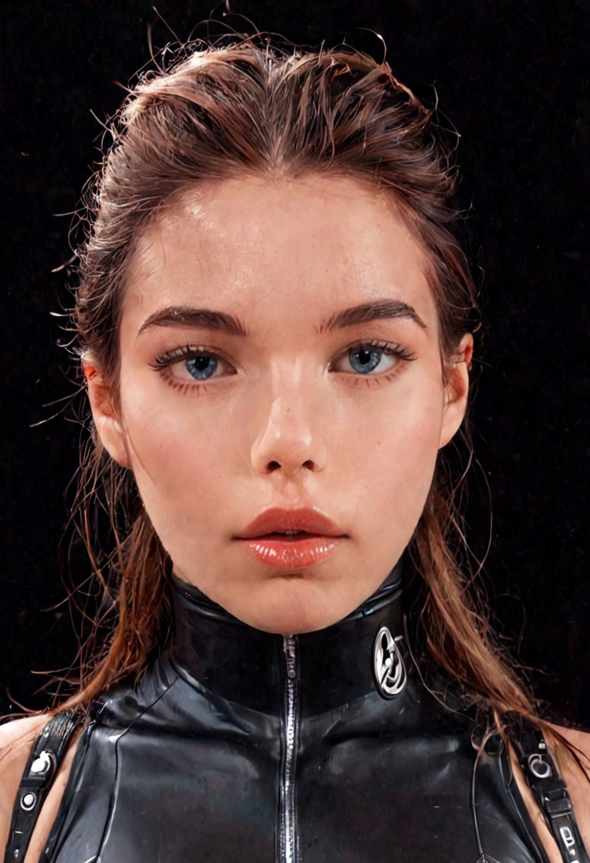 score_9, Raw Photo, (studio portrait shot:1.2), 4ng3l face, sorrowful blue eyes with perfect clarity, tousled brown hair professionally styled:1.1, natural styled eyebrows, high cheekbones, downturned soft lips:1.2, no smile:1.4, heartache expression, flawless studio-lit skin:1.2, perfect face symmetry:1.2, professional studio lighting:1.3, ultra sharp facial details:1.4, sleek high-tech bodysuit under studio lights, neutral background:0.8, sharp details:1.4, realistic skin texture:1.4, super detailed, film grain:0.2, hyperdetailed:1.15, photo realistic, masterpiece