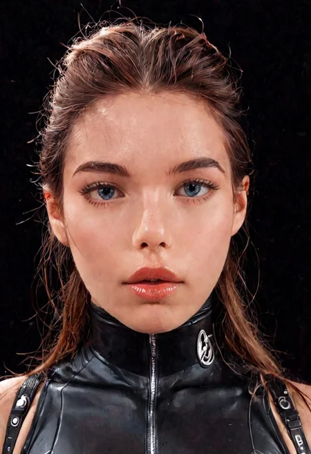 score_9, Raw Photo, (studio portrait shot:1.2), 4ng3l face, sorrowful blue eyes with perfect clarity, tousled brown hair professionally styled:1.1, natural styled eyebrows, high cheekbones, downturned soft lips:1.2, no smile:1.4, heartache expression, flawless studio-lit skin:1.2, perfect face symmetry:1.2, professional studio lighting:1.3, ultra sharp facial details:1.4, sleek high-tech bodysuit under studio lights, neutral background:0.8, sharp details:1.4, realistic skin texture:1.4, super detailed, film grain:0.2, hyperdetailed:1.15, photo realistic, masterpiece