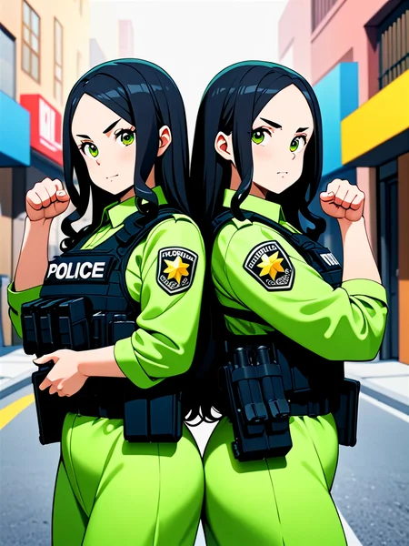 anime, illustration, best quality, (masterpiece:1.4), (high quality:1.4), sharp focus, 4k, absurd resolution, detailed hands, curly hair, long hair, (black hair:1.6), 1girl, mature female, (parted hair:1.7), (round face), (no_bangs:1.3), (no_fringe:1.6), <lora:ETO_OC_XL:0.7>, (thick eyebrows:0.9), (plump:0.8), round-chin, (greenish brown eyes), (brownish green eyes), caucasian, down-turned eyes, 1girl, (forehead:0.65), <lora:swat gear_xl:0.5> swat gear, weapon, (Team-Up Pose, Standing back to back with another superhero, ready to face a common enemy,), gun, uniform, police, rifle, street, officers, soldier, military, officer,