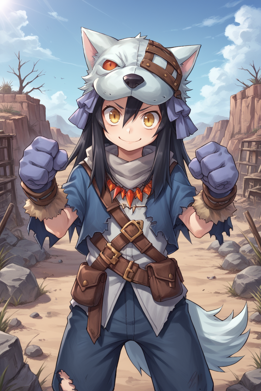 score_9, score_8_up, score_7_up, score_6_up, source_anime, BREAK, <lora:FlunkyPonyXL:0.75> , fludef, 1boy, black hair, long hair, yellow eyes, wolf hat, wolf hood, wolf pelt, wolf tail, grey scarf, bandana around neck, necklace, tooth necklace, fur trim, blue vest, torn clothes, paw gloves,  smile, closed mouth, looking at viewer, happy, scenery, exterior, wasteland, desert, shrubs, dead trees, (solo), <lora:backgroundsetXL:0.25> , background, village, wasteland, desert,  <lora:y0tt4:0.6> , y0tt4, cowboy shot, (dynamic pose, action pose),