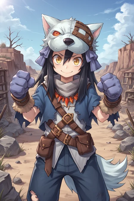 score_9, score_8_up, score_7_up, score_6_up, source_anime, BREAK, <lora:FlunkyPonyXL:0.75> , fludef, 1boy, black hair, long hair, yellow eyes, wolf hat, wolf hood, wolf pelt, wolf tail, grey scarf, bandana around neck, necklace, tooth necklace, fur trim, blue vest, torn clothes, paw gloves,  smile, closed mouth, looking at viewer, happy, scenery, exterior, wasteland, desert, shrubs, dead trees, (solo), <lora:backgroundsetXL:0.25> , background, village, wasteland, desert,  <lora:y0tt4:0.6> , y0tt4, cowboy shot, (dynamic pose, action pose),