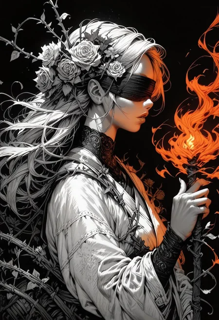 (score_9, score_8_up), score_7_up, zPDXL, 1girl, solo, long hair, holding, monochrome, upper body, weapon, flower, greyscale, parted lips, sword, hair flower, fingernails, rose, plant, black background, blindfold, vines, fire, fire aura