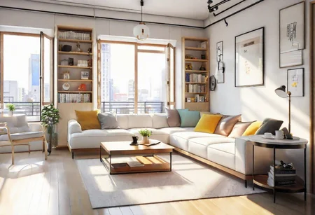 front view, anime-style, modern-style interior, with white walls and large windows, Nordic-style furniture, a  study, Sofa, coffee table, bookcase, single wall, 
warm light morning sun, (the view of the city)