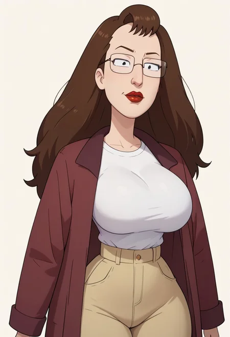 ((White background)),score_9, score_8_up, score_7_up,score_6_up,
Nancy_RaM, light skin, dark brown hair, long hair, red lips, square glasses, black eyes, long nose, white shirt, dark magenta jacket, beige pants, black shoes, huge breasts, smirk, narrow waist, huge hips,huge thighs, huge ass, in a white background