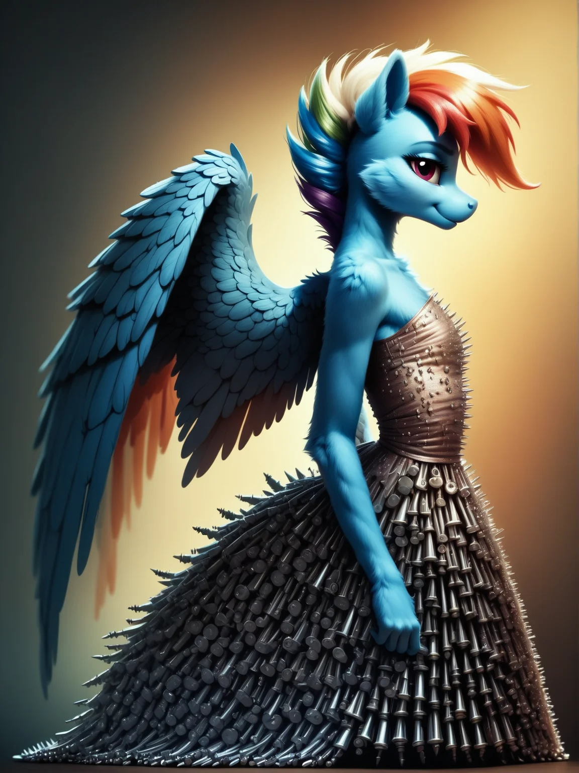 score_9, score_8_up, score_7_up, score_6_up, realistic illustration, 1girl, portrait, Rainbow Dash \(mlp\), anthro pony, tail, wings, dress, fastenerswm, <lora:FastenersWMv0.4:1.2> <lora:MegaFluffyPony:0.5> MegaFluffyPony, furry, fluffy