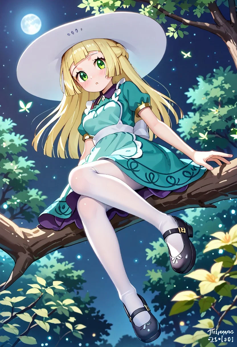 1girl, 1lillie1, blonde hair, long hair, green eyes, 6teatime6, green dress, apron, white sunhat, white pantyhose, black footwear,
night scene,moon in the sky,purple hues,starry night,dreamlike atmosphere,glowing edges,mystical,high contrast,ethereal light,sitting on a tree branch,light particles, woods, from below, leg up  
(best quality), ((intricate details)), (shiny skin), [eye lashes], ((anime style, extremely detailed, finely detailed, beautiful detailed face, beautiful detailed eyes, beautiful detailed shading)), (beautiful, beautiful amazing, ultra-detailed, 8K wallpaper, vibrant colors), [high saturation], [blush], cute, (perfect body, perfect anatomy, perfect face), (ultra-detailed face, perfect nose),  beautiful scenery, best quality, 2020s, highres, score_9, score_8, score_7, sharp focus,  (medium breasts)