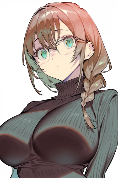 score_9. score_8_up, score_7_up, artist:(nonco)
simple background, 1girl, solo, looking at viewer
brown hair, single braid, green eyes, glasses, large breasts, black sweater, turtleneck, expressionless
<lora:Nonco_Illustrious:0.8>