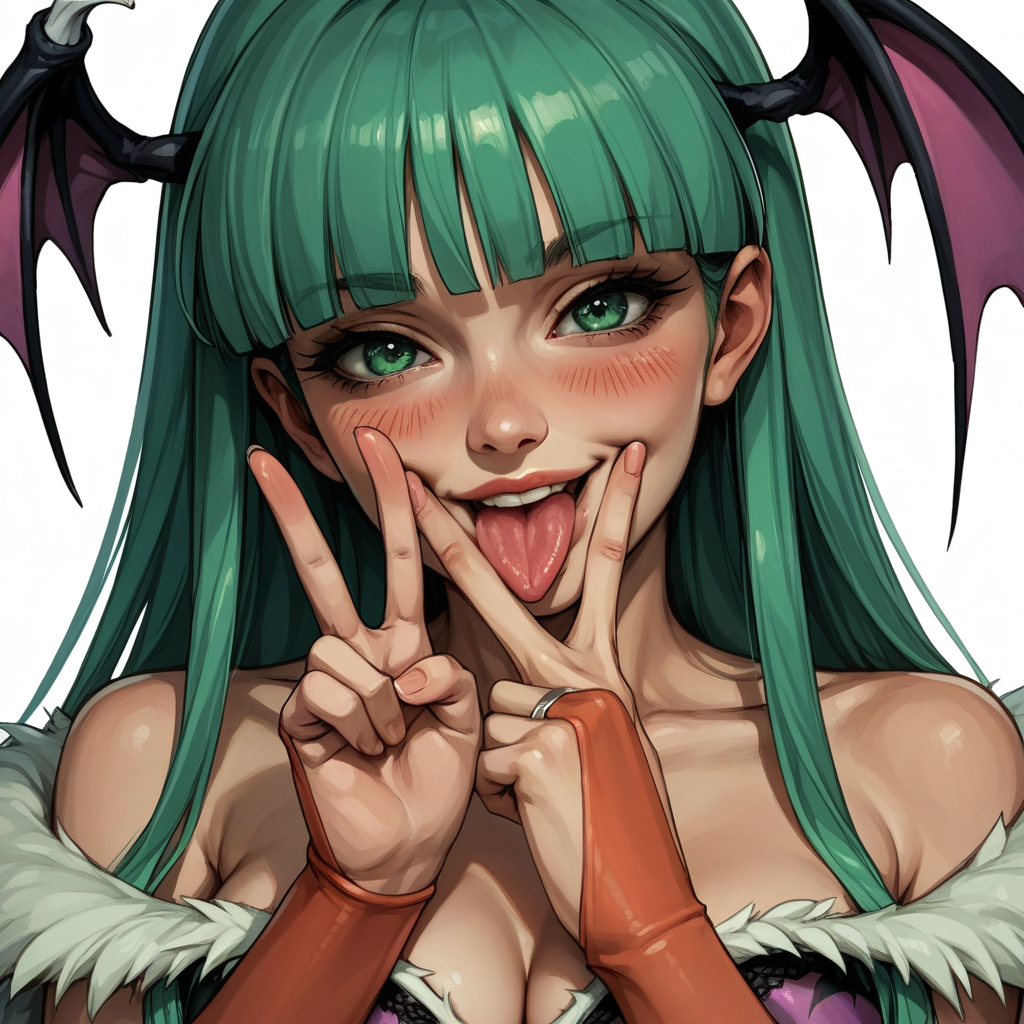 score_9, score_8_up, score_8, (source_anime), BREAK, Morrigan Aensland, blush, perfect face, 1woman, 22 years old, MorriganAe, hime_cut, emerald_green hair, green eyes, blunt bangs, fur trim, bridal gauntlets, print pantyhose, bat print, cleavage, cunnilingus_gesture, BREAK, breasts covered, lace bra, 1woman, v_over_mouth, blush, detailed eyes, lips, smile, upper body, breasts, (v_over_mouth:0.9), (cunnilingus_gesture:1.2), tongue out, (perfect hand), (focus on face), tongue out, close up