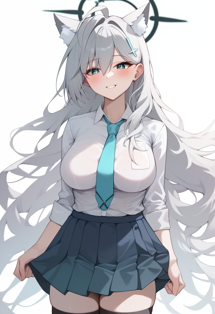 score_9,score_8_up,score_7_up,score_6_up,<lora:shiroko_terror_(blue_archive):1>,white_background, simple_background, pleated_skirt, solo, aqua_necktie, looking_at_viewer, 1girl, animal_ear_fluff, large_breasts, black_skirt, light_smile, school_uniform, highres, shiroko_terror_\(blue_archive\), absurdres, blush, shirt_tucked_in, white_shirt, shiroko_\(blue_archive\)_\(cosplay\)
