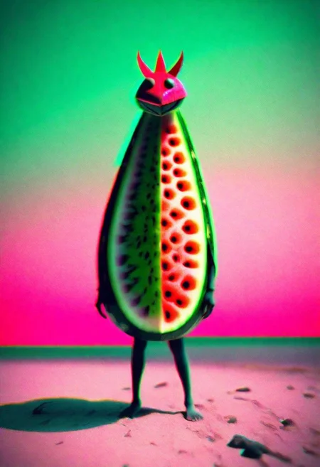 Documentary photograph, magical fantasy magic watermelon creature, cinematic light, high detail, beautiful, surreal, dramatic, warm colors<lora:Dreamyvibes artstyle SDXL - trigger with Dreamyvibes artstyle:1> Dreamyvibes Artstyle
