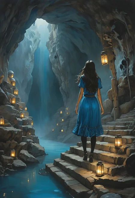 (water-colored), illustration, style of Jessica Galbreth,
(far view, far shot, rear view, facing away:1.3),
(Alice, very long dark brown hair, hair rim lighting, hair in the wind, blue dress with short sleeves, black tights, black shoes:1.5),
fog, dreamy, dream, walking, lights,
(cave, water, totem, bones, skulls, catacombs, lanterns, going down the stairs:1.8)