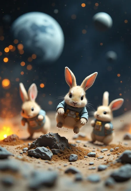 blankmj l10nhe43t "A playful scene of tiny humanoid rabbits engaged in a daring heist on the moon, jumping from craters and dodging tiny explosions. The diorama-like scene is intricately detailed with mini footprints, crumbling rock dust, and intense lighting from above, reminiscent of high-speed action shots. The atmosphere is intense yet whimsical, with a cinematic feel that captures both chaos and adventure."