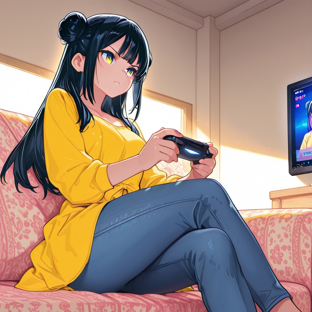 highres, ultra-detailed, illustration, colourful, masterpiece, 8k, soft lighting, (1girl, black hair, double buns, yellow dress, blue denim pants) , sitting , crossed-legs , playing video games , distracted , serious , expressive , cute and beautiful , indoors