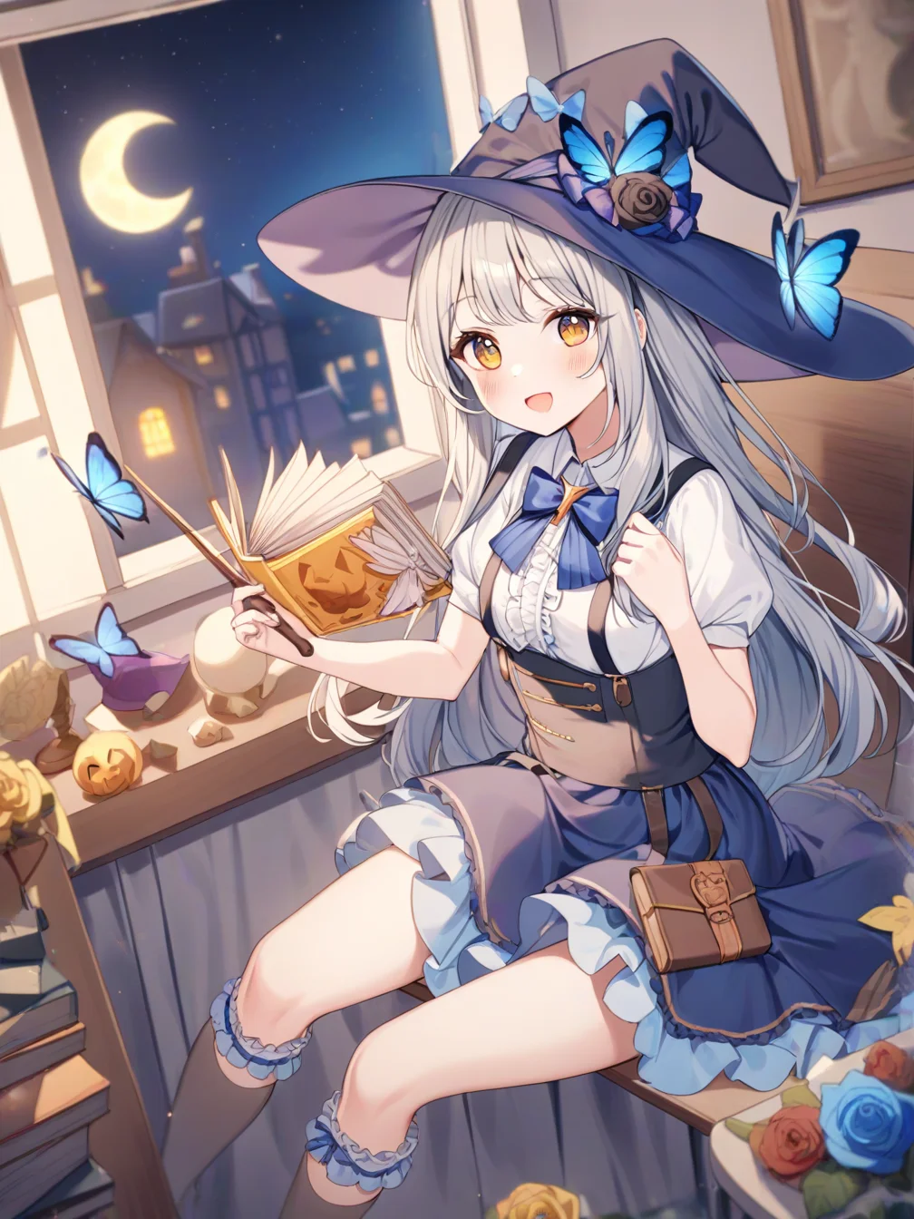 1girl,witch hat,hat,solo,bug,butterfly,skirt,long hair,shirt,wand,book,smile,suspenders,short sleeves,animal ears,white shirt,holding,frills,bow,flower,sitting,center frills,blue butterfly,blue skirt,blue bow,holding wand,looking at viewer,suspender skirt,rose,open mouth,hat flower,blush,frilled skirt,:d,puffy sleeves,witch,blue flower,night,puffy short sleeves,star \(sky\),dutch angle,socks,frilled socks,open book,moon,collared shirt,star \(symbol\),ribbon,yellow eyes,starry sky,indoors,grey hair,window,
<lora:ag31-a20_2-000034:1>,