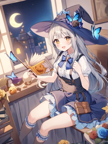 1girl,witch hat,hat,solo,bug,butterfly,skirt,long hair,shirt,wand,book,smile,suspenders,short sleeves,animal ears,white shirt,holding,frills,bow,flower,sitting,center frills,blue butterfly,blue skirt,blue bow,holding wand,looking at viewer,suspender skirt,rose,open mouth,hat flower,blush,frilled skirt,:d,puffy sleeves,witch,blue flower,night,puffy short sleeves,star \(sky\),dutch angle,socks,frilled socks,open book,moon,collared shirt,star \(symbol\),ribbon,yellow eyes,starry sky,indoors,grey hair,window,
<lora:ag31-a20_2-000034:1>,