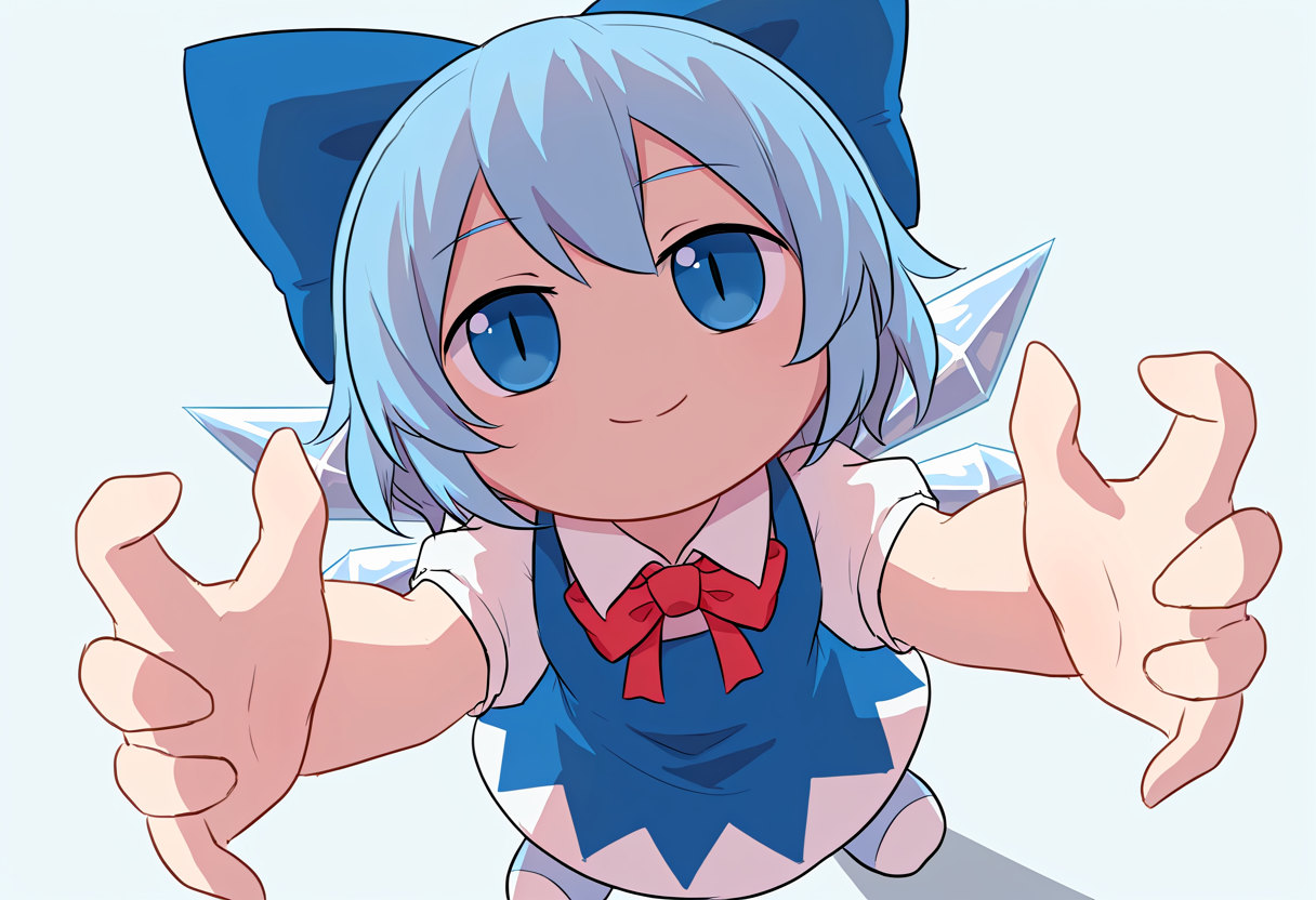masterpiece, best quality, absurdres, let me hold it, fumo (doll), 1girl, cirno, solo, looking at viewer, looking up, smile, closed mouth, simple background, open hands, <lora:your_milkers_look_heavy_maam_let_me_hold_them_meme:1>