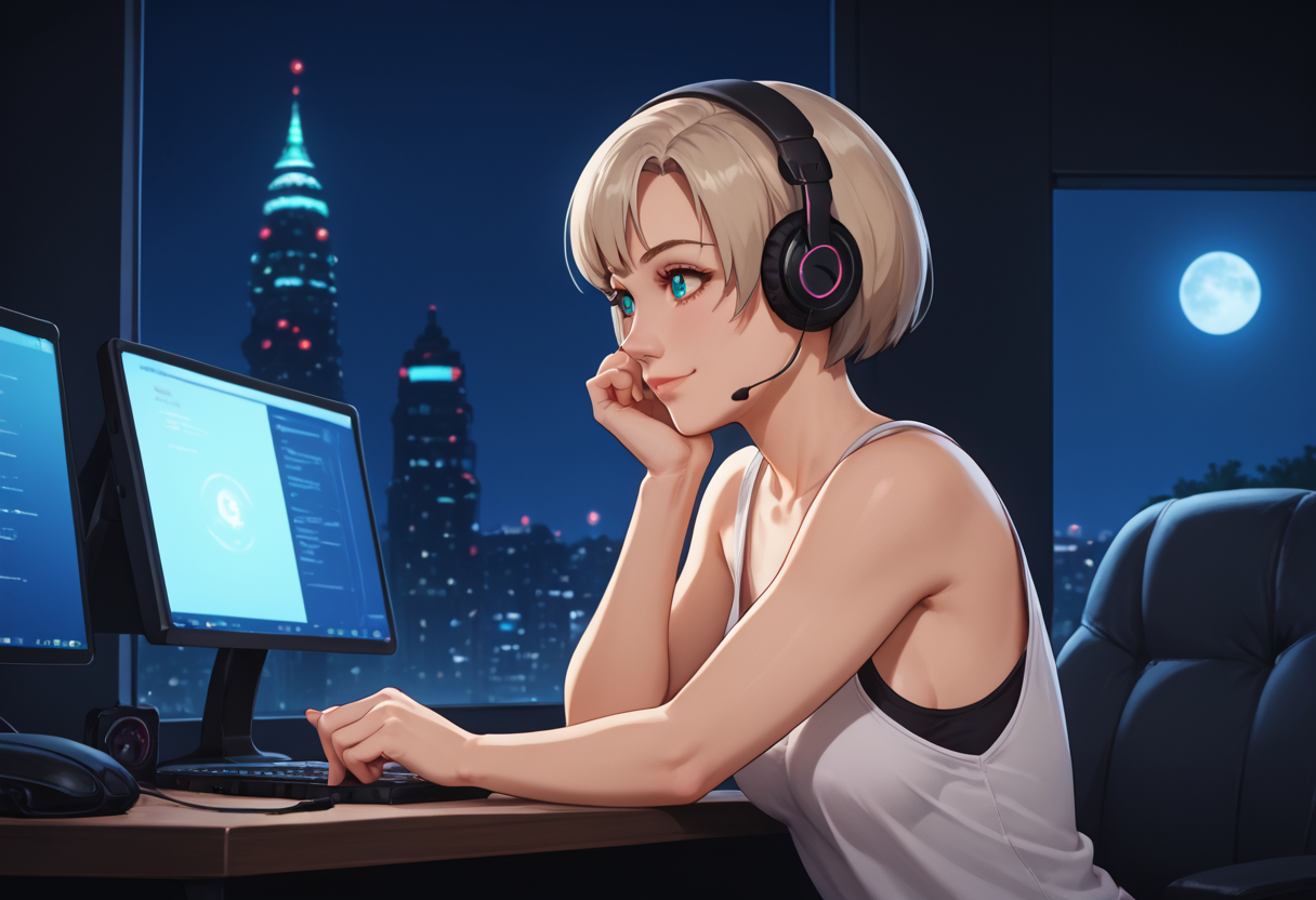 score_9, score_8_up, score_7_up, score_6_up, <lora:bouncy_pony:0.5>, contrast of cool dark background with warm bright foreground, full color, night, moon light, volumetric moonlight, depth of field
cyberpunk Aesthetic, modern bedroom Aesthetic, Blurry Background, neo-Tokyo city view, stary night, full moon, light rays, beautiful natural lighting, glow, light,
<lora:Nene_Romanova_-_Bubblegum_Crisis_Tokyo_2040:1>, Nene, loose tank top, white underware,
{petite body, athletic body, medium breasts, perfect round firm tits, medium round perfect tits, (medium Breasts:0.8), long legs, perfect anatomy, perfect face, perfect nose, detailed eyes, beautiful eyes, perfect eyes, perfect breasts, anatomically correct hands:1.3},
light smile, cute, side view, from side,
lofi girl style, sitting behind a desk, sitting at desk, in front of a computer, headphones, eyes looking at computer screen, lofi girl \(youtube\), zoom out,