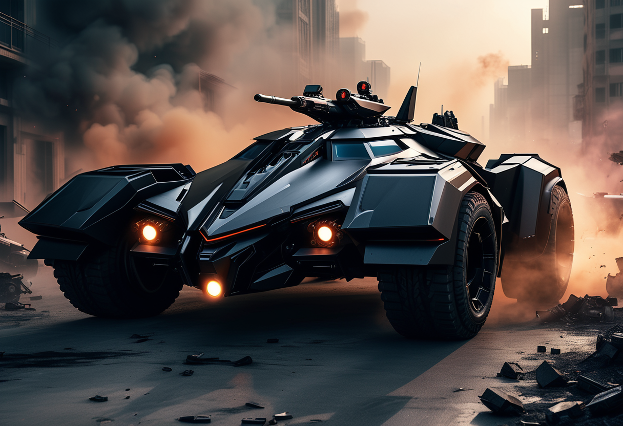 (medium full shot) of (high-tech medium jet-black futuristic armored car, batmobile style) with titanium-alloy armor, elegant design, diesel engine, EMP system, stealth panels, set in  a chaotic battlefield, with smoke rising from the ground, soldiers clashing, and the air filled with the sounds of battle, during a dawn operation, ,Masterpiece,best quality, raw photo, realistic, very aesthetic