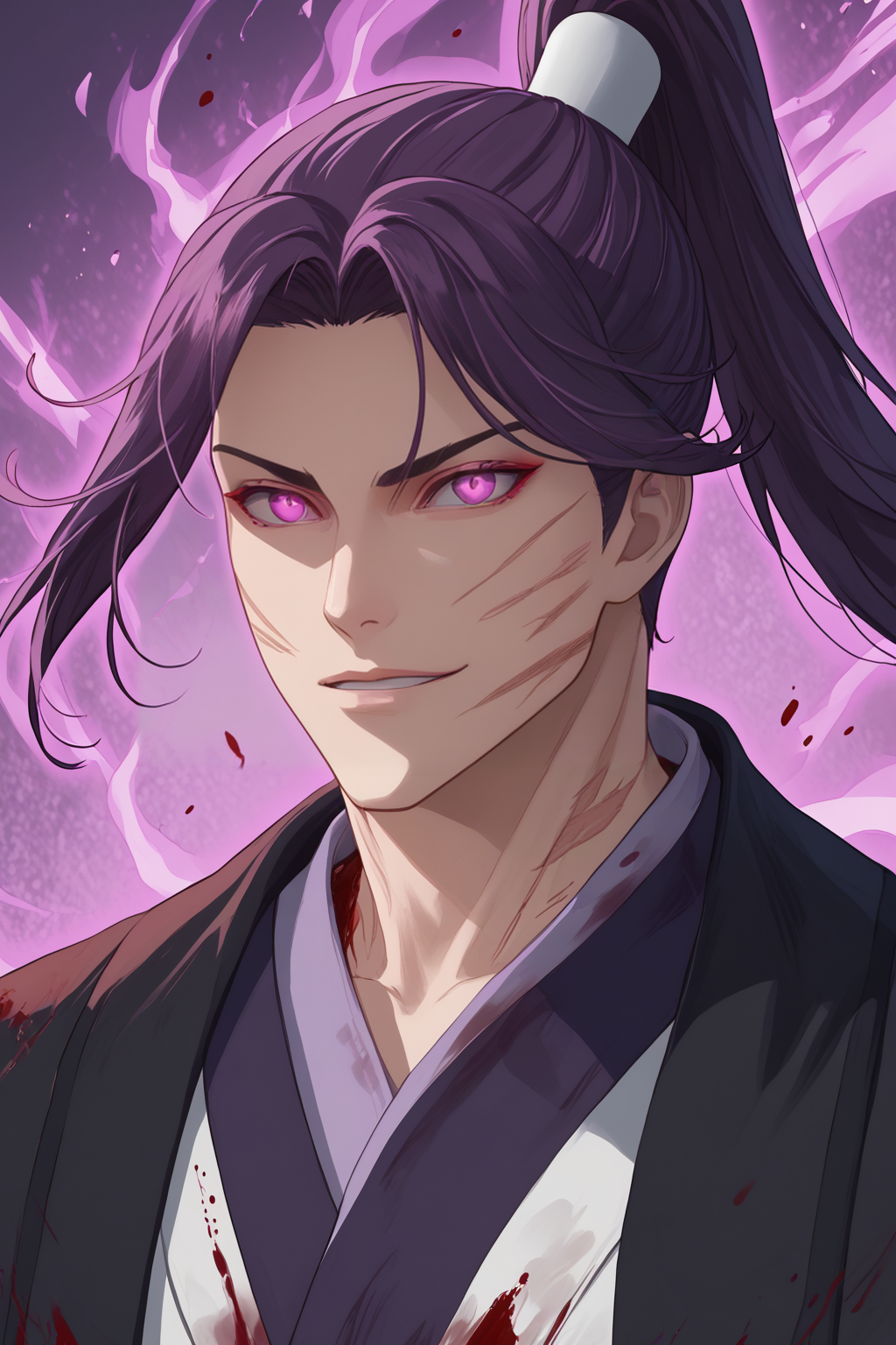 score_9, score_8_up, score_7_up, masterpiece, high quality, extreme detail, absurdres, (detailed skin texture) BREAK, 
 <lora:Jin So-HanPonyLora:1>jin, ponytail, short hair, bangs, kimono, 35 years old, 1boy,scars, blood, blood on face, blood on body, blood on clothes, purple aura, purple eyes,, poison magic, glowing eyes