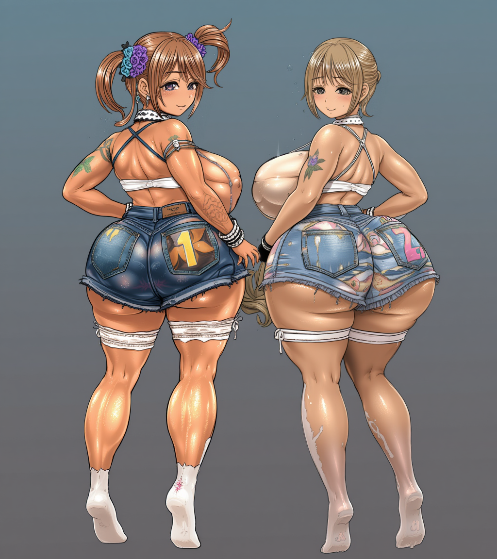 2 girls with very large behinds with thick thighs and wide hips wearing very short denim short and they both have very large breasts the girl on the left has a 1 body painted on her ass while the girl on the right has a number 2 painted on her ass