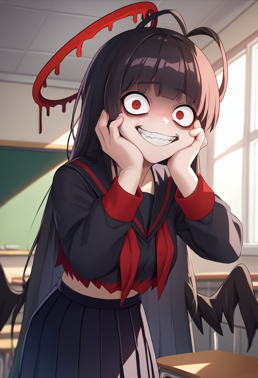 score_9, score_8_up, score_7_up, source_anime, solo, 1girl, tsurugidef, crazy smile, looking at viewer, standing, hands on own cheeks, black wings, antenna hair, red halo, constricted pupils, school uniform, black serafuku, black shirt, black sailor collar, red neckerchief, long sleeves, black skirt, pleated skirt, indoors, classroom <lora:ba_kenzakitsurugi_ponyXL:1>