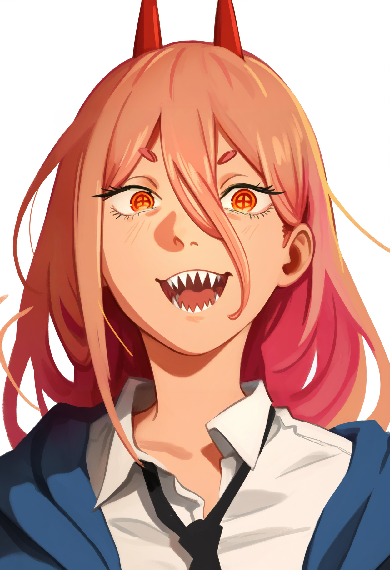 khyleri,
best quality, amazing quality, very aesthetic, absurdres,
BREAK
1girl, power \(chainsaw man\), pink hair, blonde hair, red horns, red eyes, cross-shaped pupils, long hair, sharp teeth, hair between eyes, symbol-shaped pupils,
collared shirt, black necktie, long sleeves,
looking at viewer, white shirt, open mouth,
simple background, white background, smile, upper body,   <lora:KhyleriNoobLocon_byKonan:1>