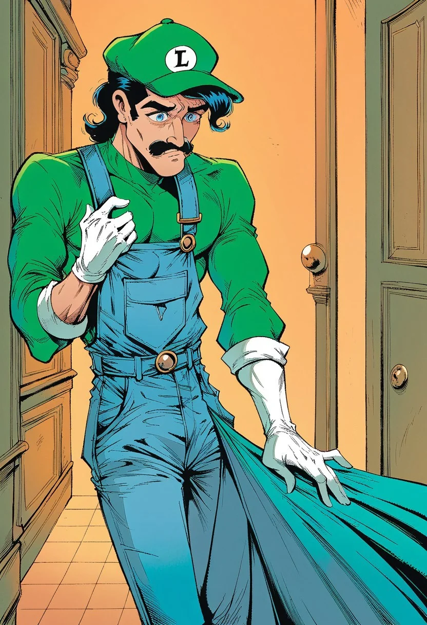 score_9, score_8_up, score_7_up, score_6_up, 1boy,solo,Luigi,44 years old, blue overalls, long sleeve green shirt, white gloves, tall, slim, skinny,, black mustache, blue eyes,large nose, long face, green hat,white gloves,
haunted mansion, hallway,worried facial expression,,up close,close up