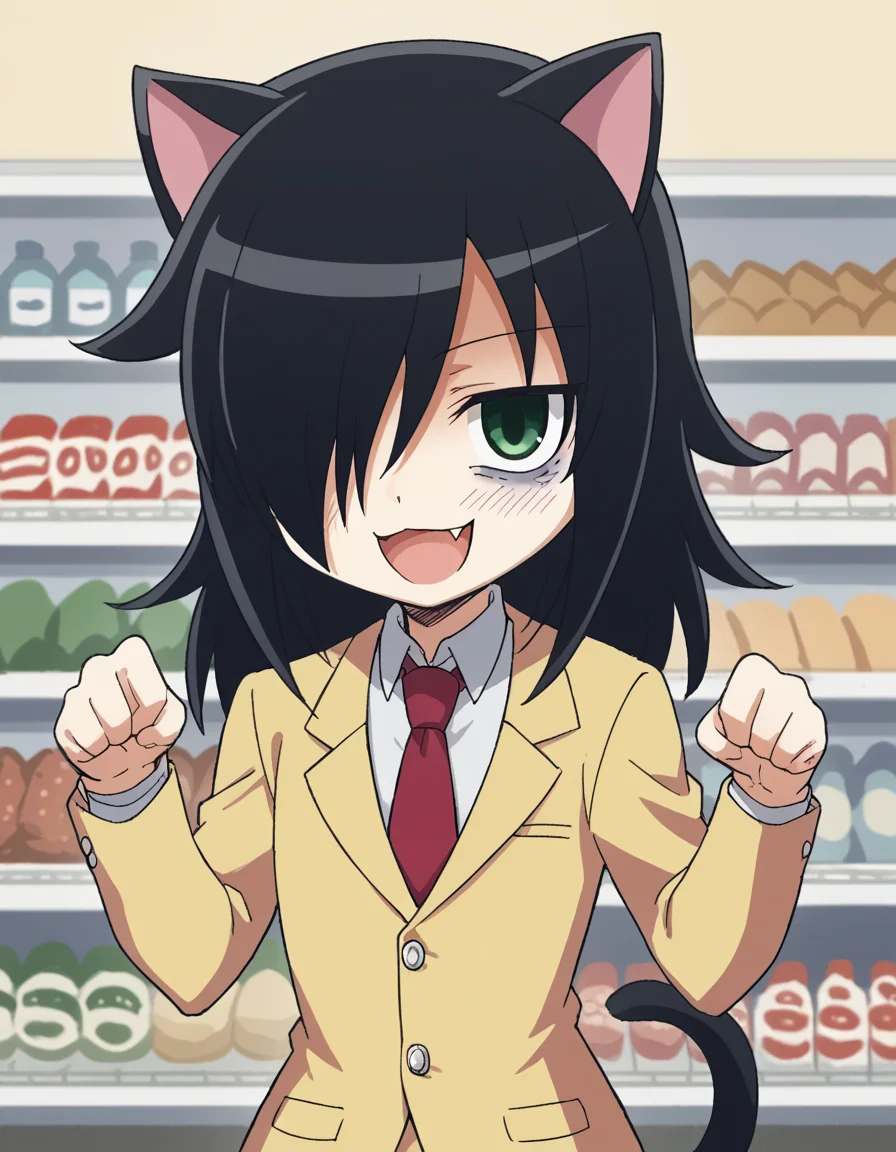 score_9, score_8_up, score_7_up, source_anime, <lora:tomoko-kuroki-s1-ponyxl-lora-nochekaiser:1>, tomoko kuroki, long hair, black hair, green eyes, hair over one eye, bags under eyes,, skirt, school uniform, necktie, blazer,, supermarket, aisles, shopping, food, shelves, smile, <lora:paw-pose-ponyxl-lora-nochekaiser:1>, paw pose, cat ears, cat tail, animal ears, tail, cat girl, open mouth, fang, whiskers,, looking at viewer, solo,, dutch angle, cowboy shot