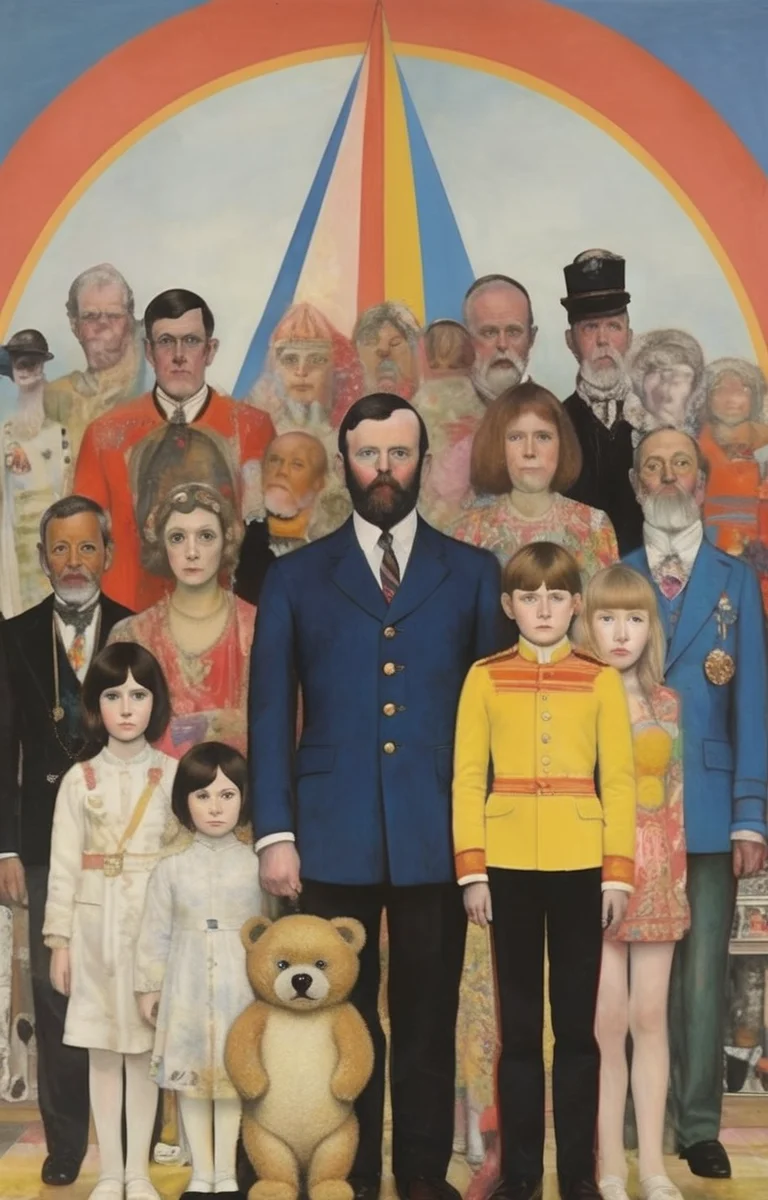 masterpiece,best quality,<lora:tbh284-sdxl:0.9>,illustration,style of Peter Blake portrait of family