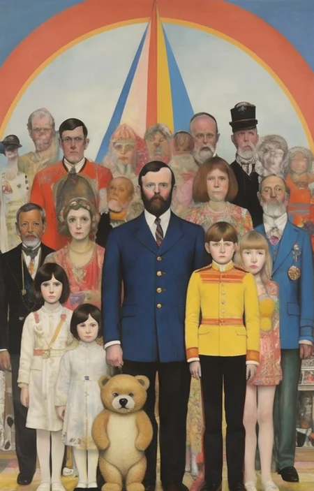 masterpiece,best quality,<lora:tbh284-sdxl:0.9>,illustration,style of Peter Blake portrait of family