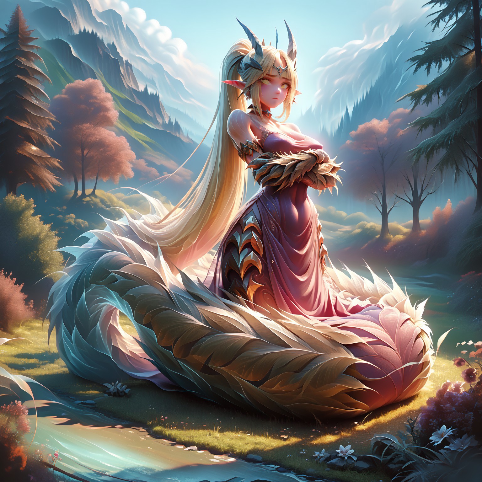 safe_pos, ((Score_9, score_8_up, score_7_up), ais-ghostly,masterpiece, perfect face, expressive yellow eyes,(lamia:1.2),monster girl,crossed arms,(muscular arms:1.1),full animal arms,(monster arms:1.3),(big claws),shy,annoyed expression,(looking away),blush,lying in a pond,pointy ears, blonde hair, yellow eyes,((gigantic tail:1.6)),((long tail:1.4)),(slender figure),(tight clothes),fancy jewelry,feather circlet,choker,jeweled sash,scaled skin,backward long horns,forest and mountains scenery,pond,(relaxing)