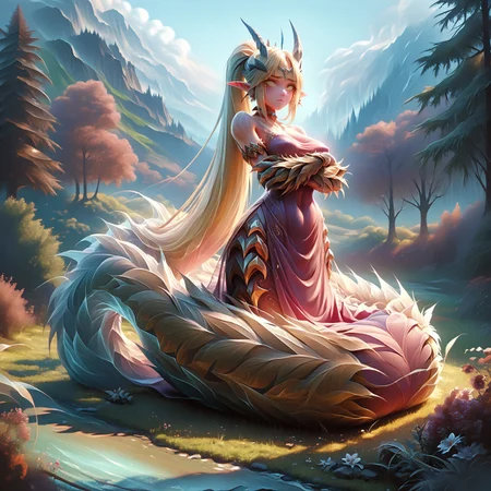 safe_pos, ((Score_9, score_8_up, score_7_up), ais-ghostly,masterpiece, perfect face, expressive yellow eyes,(lamia:1.2),monster girl,crossed arms,(muscular arms:1.1),full animal arms,(monster arms:1.3),(big claws),shy,annoyed expression,(looking away),blush,lying in a pond,pointy ears, blonde hair, yellow eyes,((gigantic tail:1.6)),((long tail:1.4)),(slender figure),(tight clothes),fancy jewelry,feather circlet,choker,jeweled sash,scaled skin,backward long horns,forest and mountains scenery,pond,(relaxing)