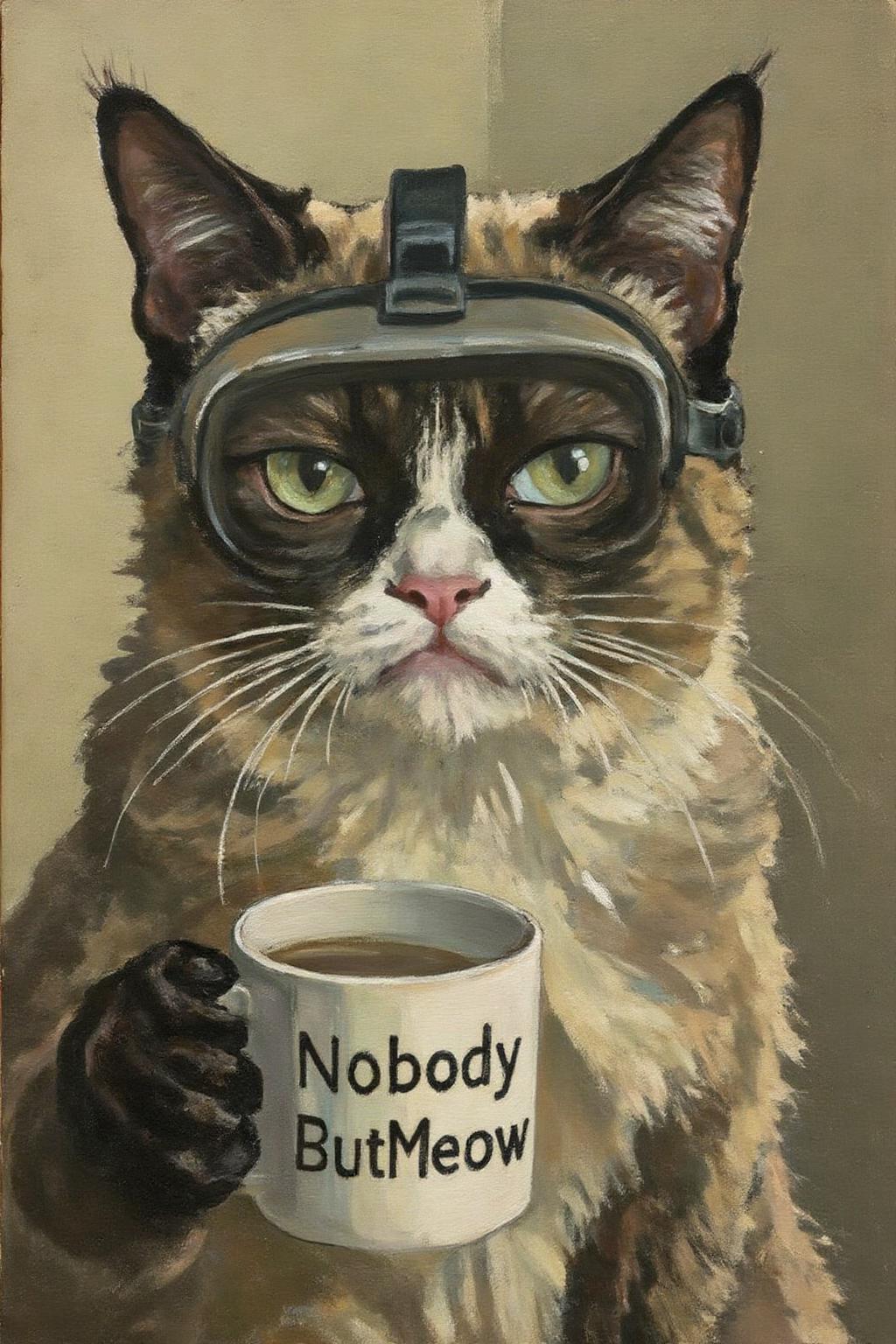 ethelleontinegabain1 painting.
Grumpy Cat holding a coffee mug, wearing a VR Headset. The mug has the phrase "NobodyButMeow" printed <lora:ethelleontinegabain1_cap_d8a4:1.0><lora:862160271999779154:0>