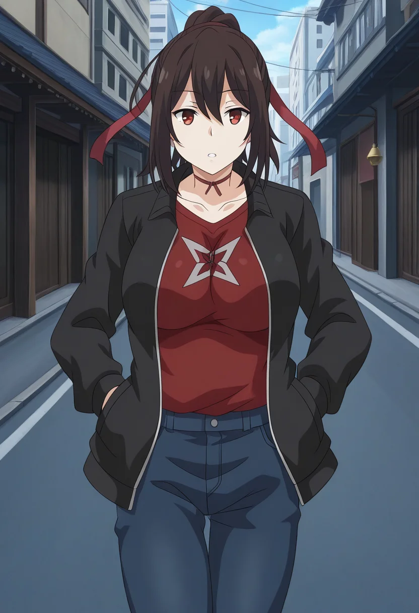 1girl, solo, kunobotananm, brown hair, hair ribbon, ponytail, red eyes, large breasts, black jacket, open jacket, long sleeves, red shirt, shuriken shirt print, denim pants, modern clothing, outdoors, city, streets, walking, cowboy shot, parted lips, straight on, looking at viewer, hands on pockets,