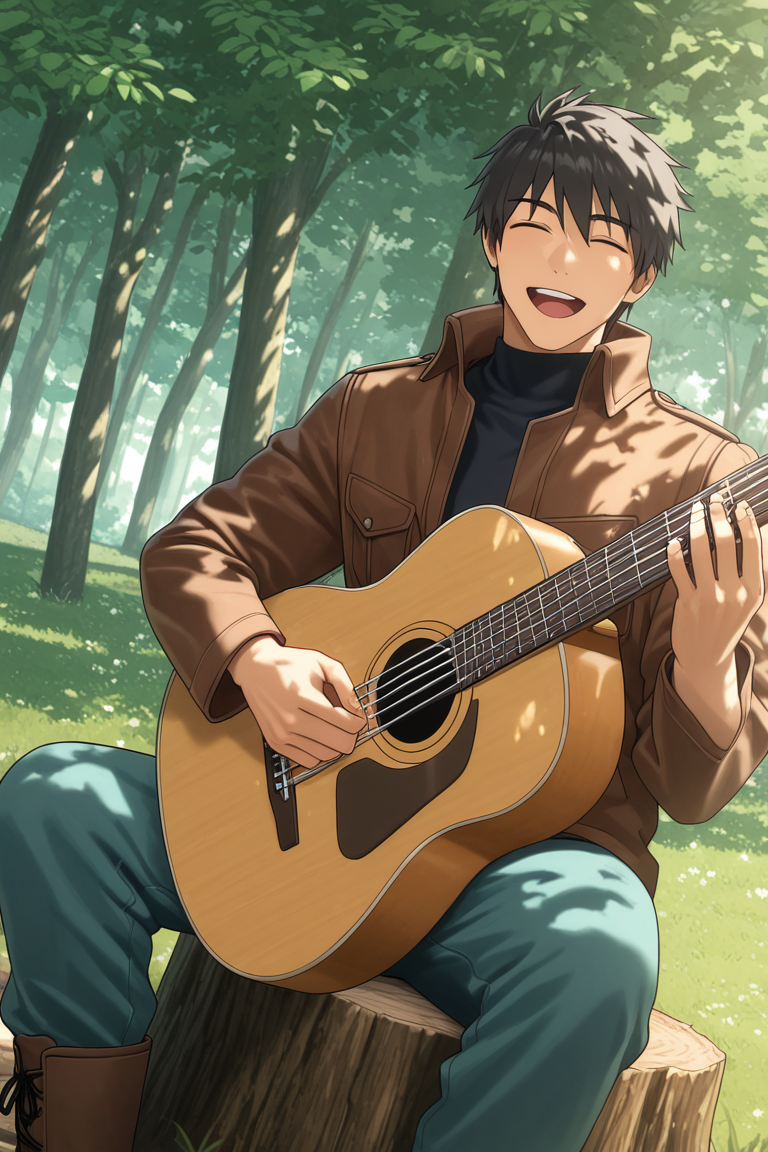 realistic shading, natural lighting, male focus, looking away, expressive face, closed eyes, doujouts, black_doujouts_male hair, 1boy, open mouth, smiling, singing, happy, shiny skin, playing guitar, sitting on wood stump, legs apart, suggestive, spring clothes, cosplay, brown leather jacket, pants, boots, sunray, shadow, tree shade, serene, day, dappled sunlight, tree, forest, grass, dutch angle, dynamic angle, intricately detailed illustration, depth of field, masterpiece, best quality, amazing quality, very aesthetic, absurdres, newest, anime screencap