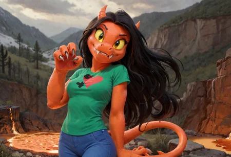 score_9, score_8_up, score_7_up, toony, zazie, 1girl, anthro female, demon girl, orange skin, black hair, long hair, horns, yellow sclera, medium breasts, big claws, medium height, green shirt, heart symbol, blue pants, mountains, lava, fangs, looking at viewer, wind on hair, paw pose